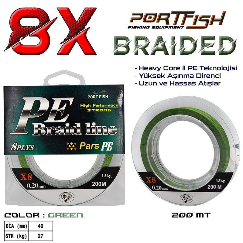 Portfish Pars 8 Kat İp Misina 200 mt Yeşil