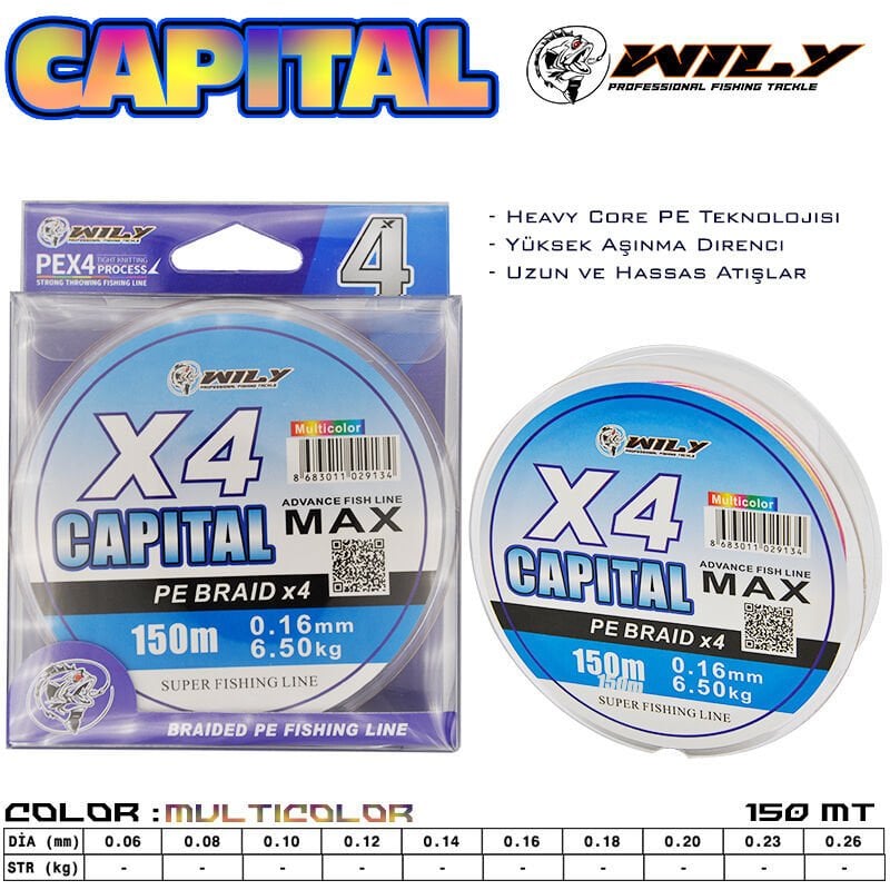 Wily Capital 4 Kat İp Misina 150 mt Multi Color