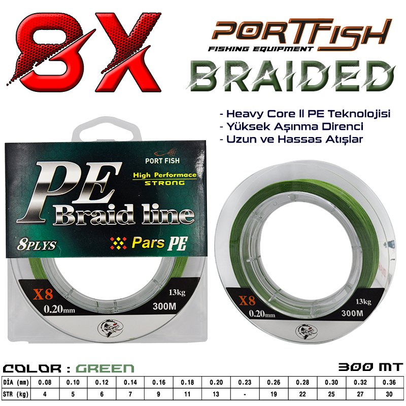 Portfish Pars 8 Kat İp Misina 300 mt Yeşil
